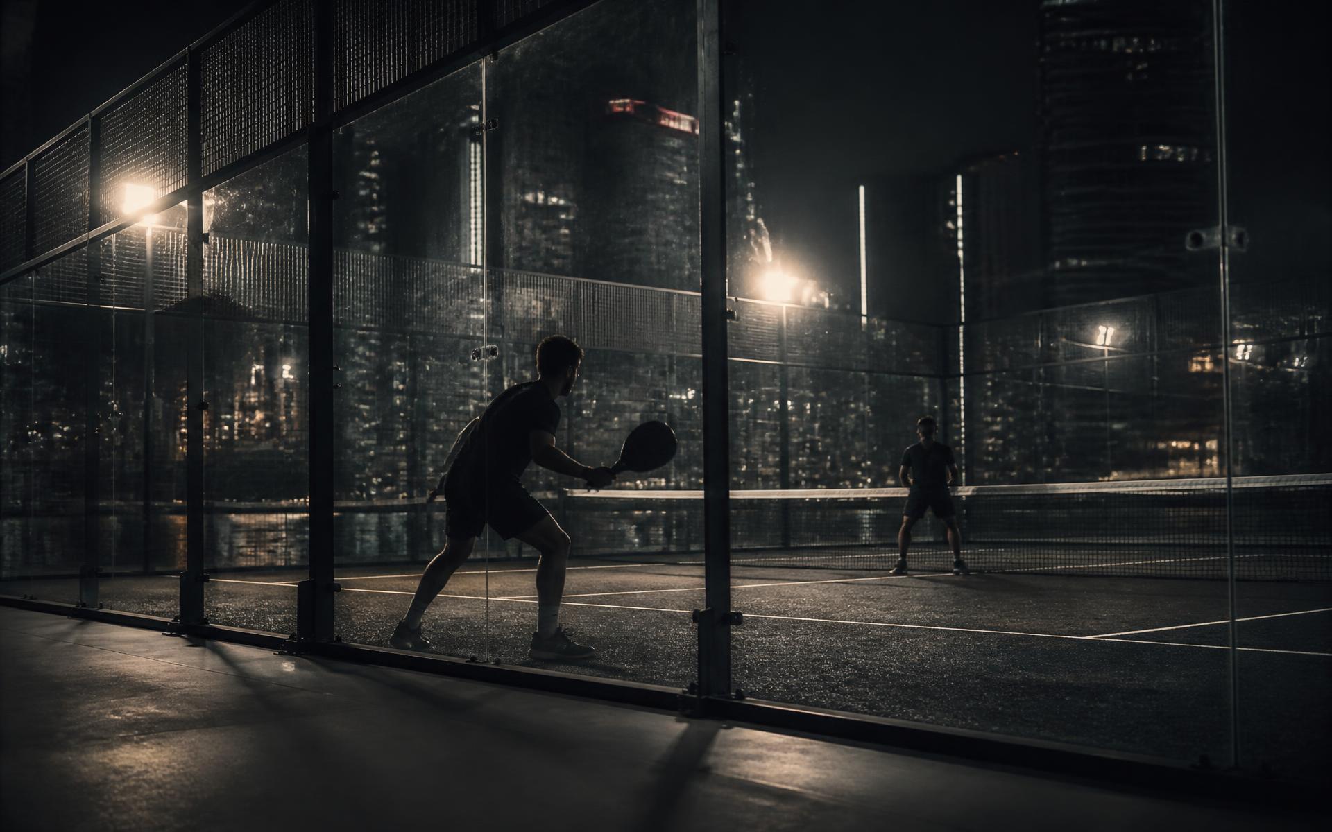Padel players on a floodlit court at night in Singapore