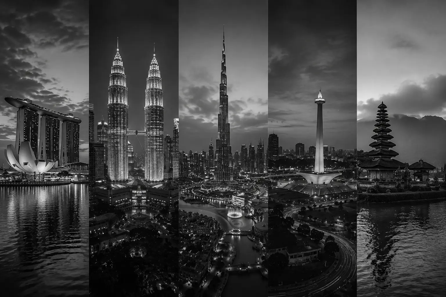 Rally Club cities — Singapore, Kuala Lumpur, Dubai, Jakarta and Bali skylines
