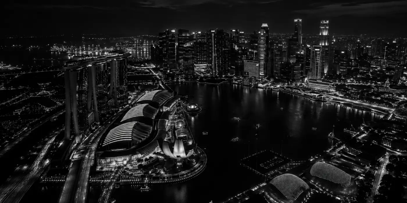 Black-and-white aerial view of Singapore's Marina Bay skyline at night
